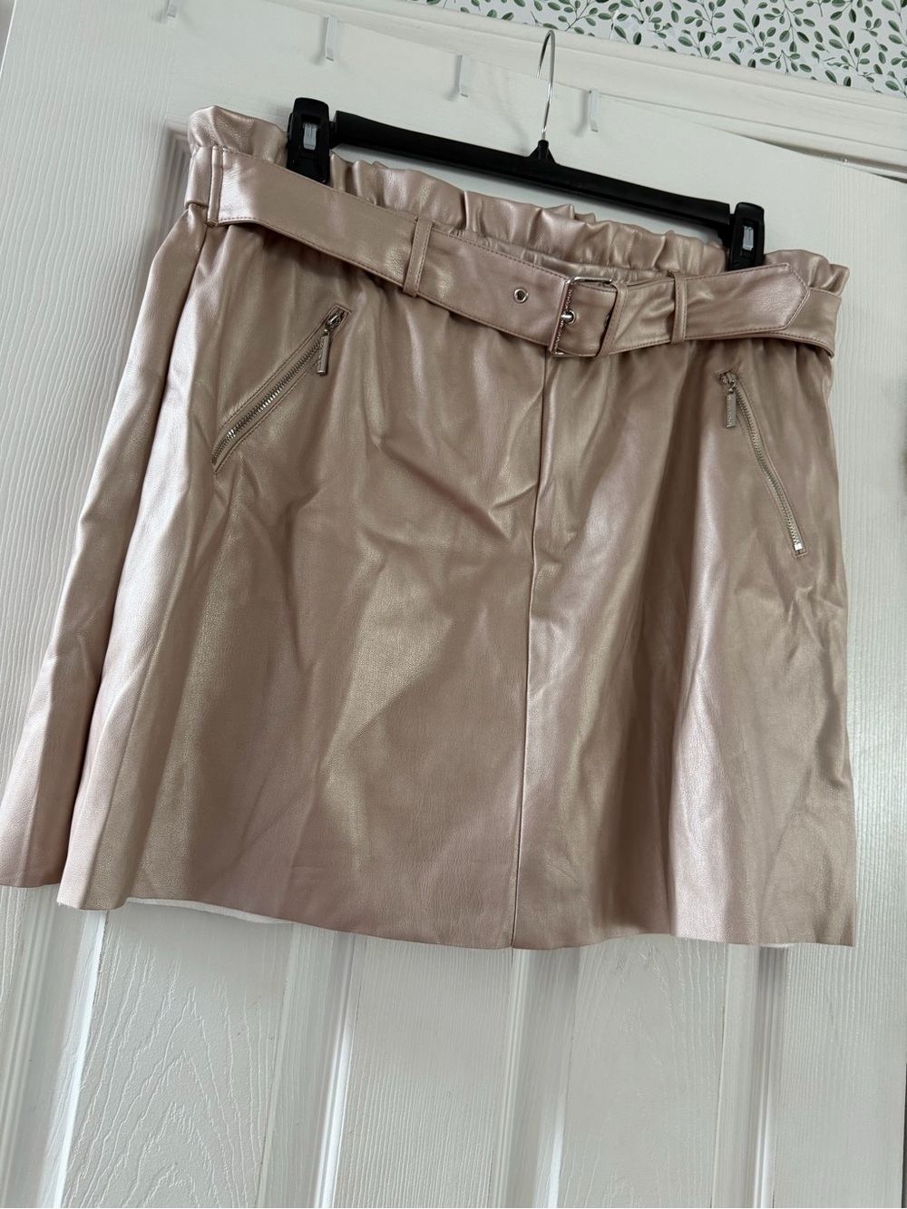Marc New York Metallic Taupe Belted A-Line Faux Leather Skirt
